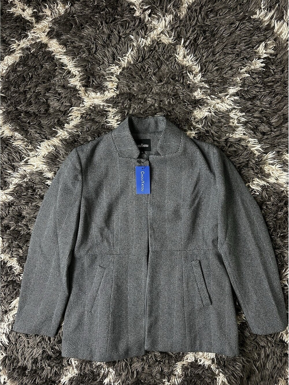 ChouYatou Women XL Herringbone Jacket Blazer Coat Grey Black NWT